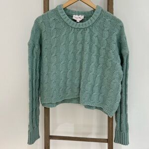 Pink Rose Teal Green Cropped Long Sleeve Cable Knit Sweater Size Medium New